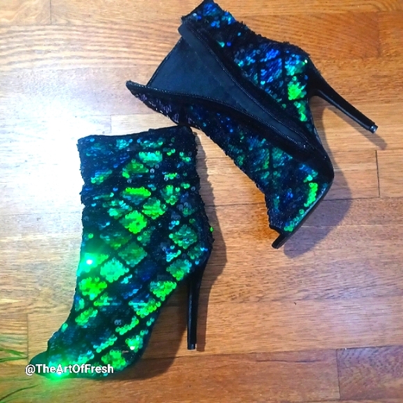 QUPID Sequin Ankle Boots - Sparkling Blue And Green Rhinestones - Picture 3 of 11